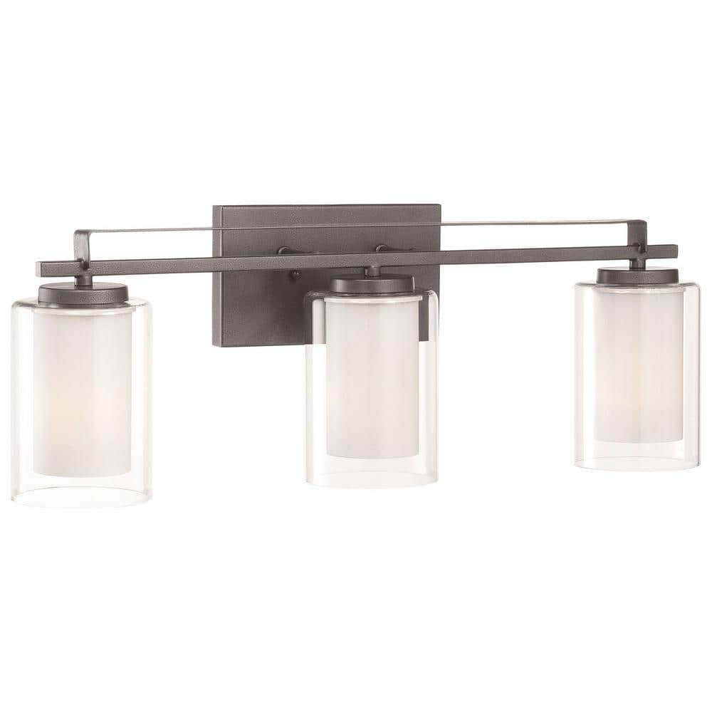 Smoked Iron Cylinder 3-Light Vanity Fixture with Etched White Glass