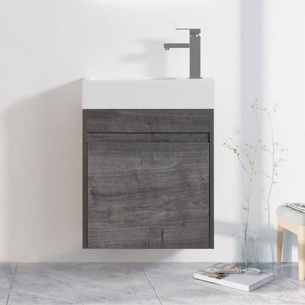 ANGELES HOME 18.1 in. W x 10.2 in. D x 22.8 in. H Floating Wall Bath Vanity in Gray with White Resin Sink and Top, Soft Close Door