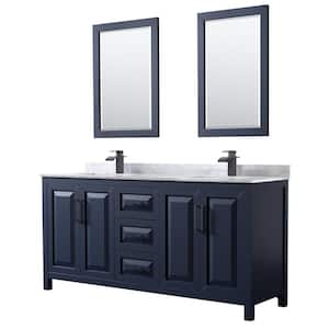 72 in. W x 22 in. D x 35.75 in. H Double Bath Vanity in Dark Blue with White Carrara Marble Top and 24 in. Mirrors