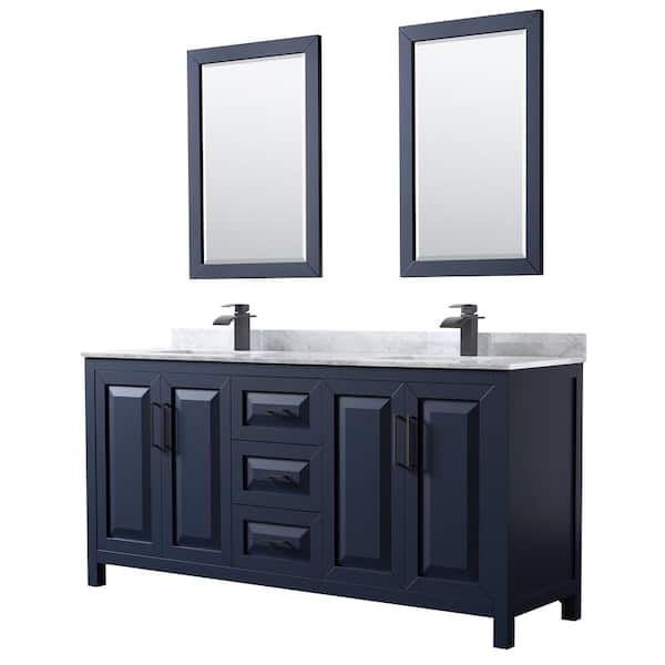 Wyndham Collection 72 in. W x 22 in. D x 35.75 in. H Double Bath Vanity in Dark Blue with White Carrara Marble Top and 24 in. Mirrors