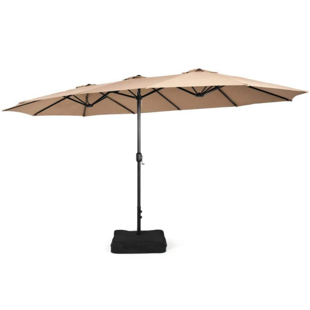 Kadehome 15 ft. Iron Market Double-Sided Twin Patio Umbrella with Crank and Base in Brown
