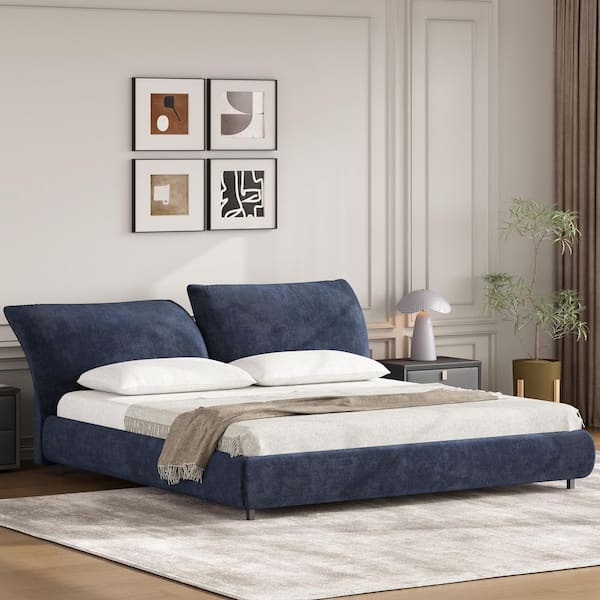 CHRISTOPHER KNIGHT HOME Hargs Contemporary Adjustable Cushions Headboard Dark Blue Fabric Upholstered Wood Frame King Size Platform Bed