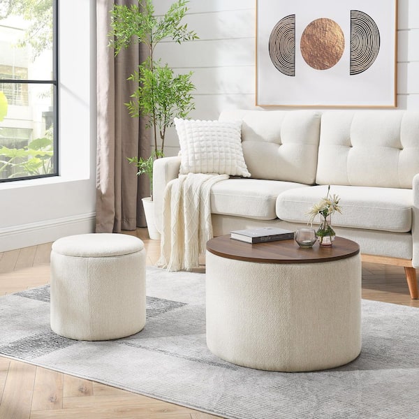 Noble House Jett 2-piece Beige Modern Upholstered Chenille Round Storage Ottoman, MDF+Iron