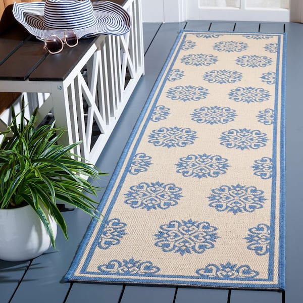 Linden Blue/Cream 2 ft. x 8 ft. Border Multi-Florals Indoor/Outdoor Runner Rug