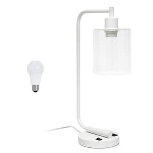 18.8 in. White Modern Iron Task & Reading Desk Lamp with USB Port and Glass Shade with LED Bulb