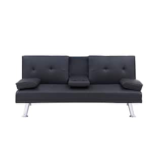 31 in. Wide Armless Faux Leather Mid-Century Modern Straight Sleeper Sofa in Black