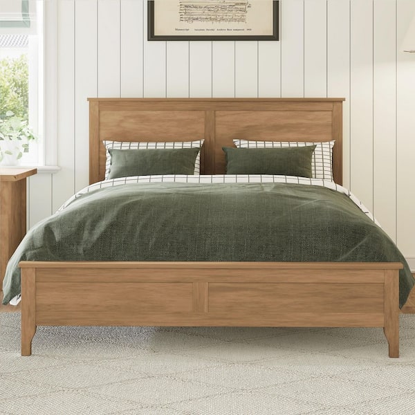 Natural Oak/Brown Wood Frame Full Size Platform Bed with Sturdy Wooden Slats Support