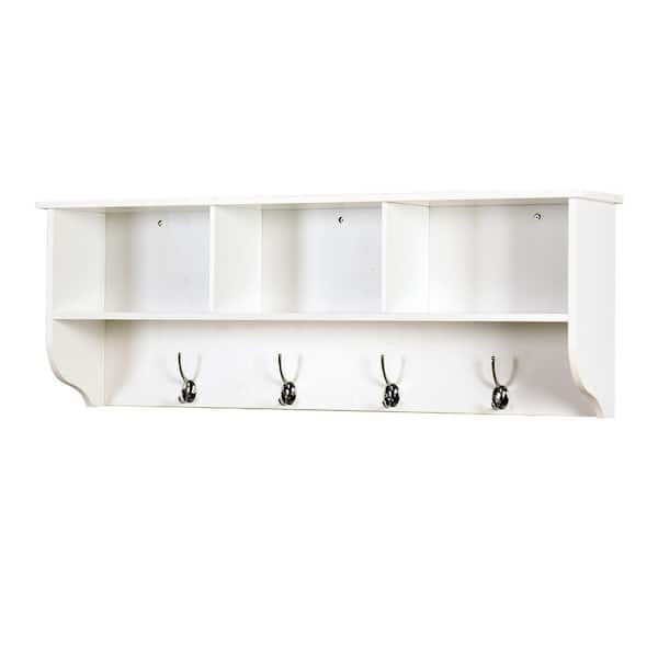 Tatahance 38.5 in. W x 7.8 in. D White Wooden Composite Decorative Wall Shelf with 4 Dual Hooks