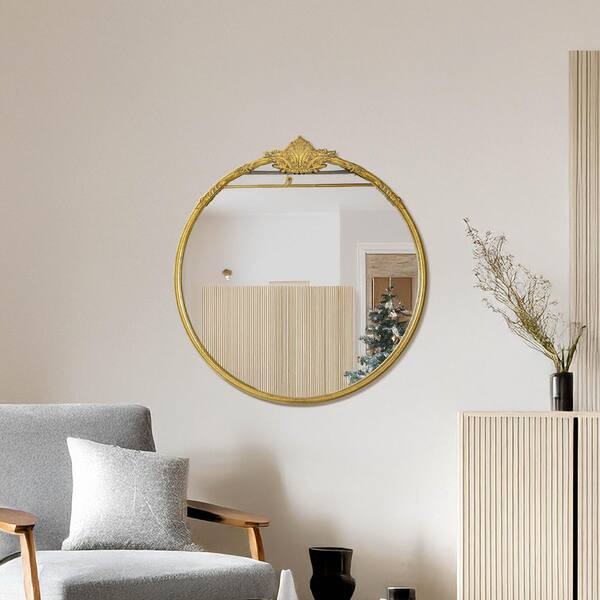 Deco Mirror 24 in. W x 25.5 in. H Vintage Antique Brass Round