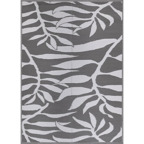5 X 8 Gray White Lightweight Floral Reversible Plastic Indoor Outdoor Area Rug