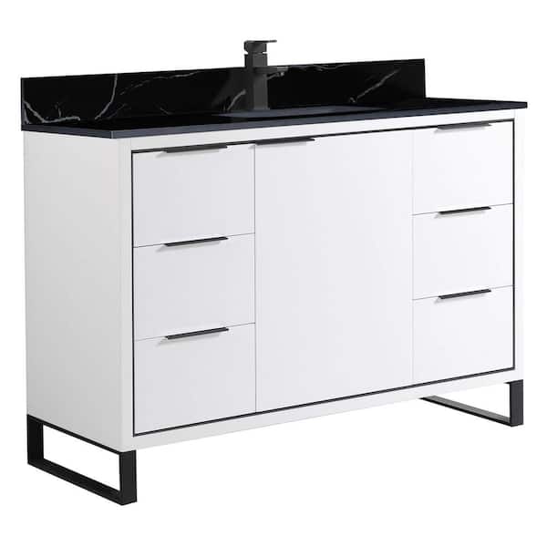 FINE FIXTURES Opulence 48 in. W x 18 in. D x 33.5 in. H Single Sink Bath Vanity in White Matte with Black Marble Top