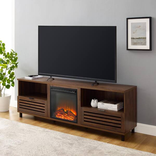 Buy 70 in. Dark Walnut Wood Modern Boho SlatDoor Fireplace TV Stand