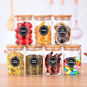 12 Pack Round Glass Spice Jars with Bamboo Lids and Labels