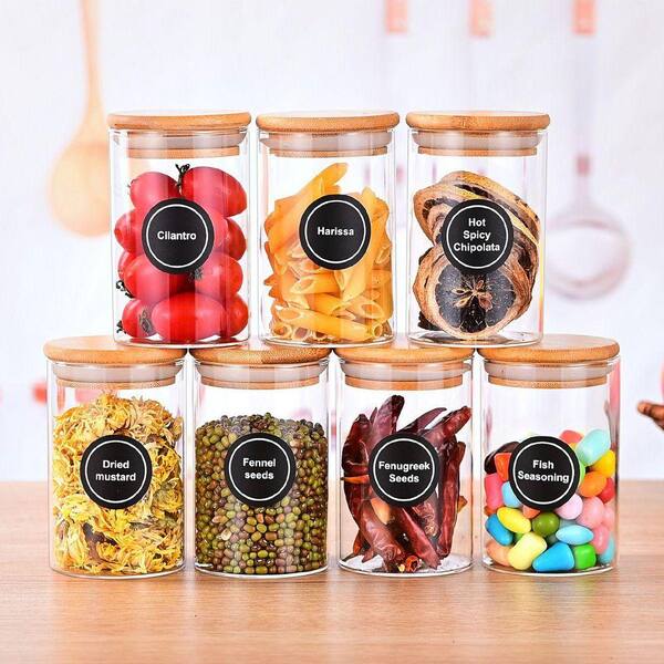 12 Pack Round Glass Spice Jars with Bamboo Lids and Labels