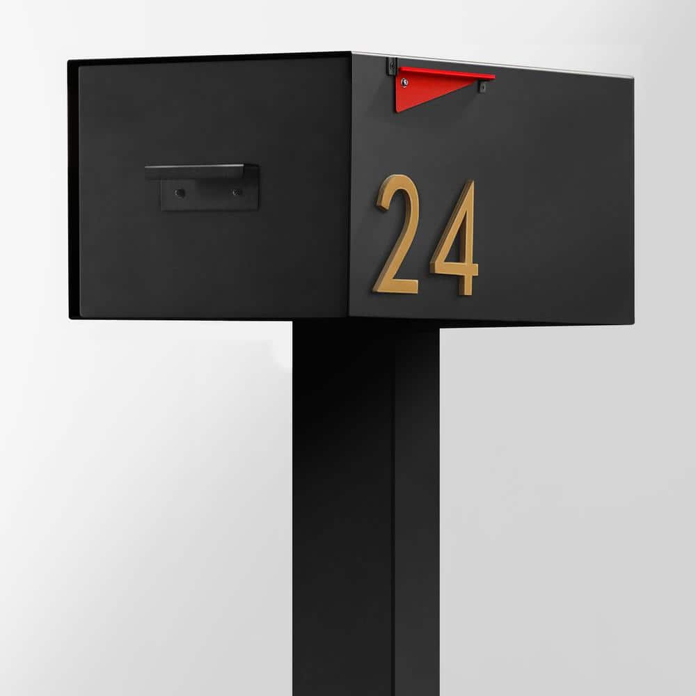 Large Black Steel Post-Mounted Mailbox with Brass Numbers