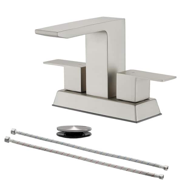 FLG 4 in. Centerset Double Handle Bathroom Faucet with Pop-up Drain Stainless Steel Waterfall Vanity Taps in Brushed Nickel