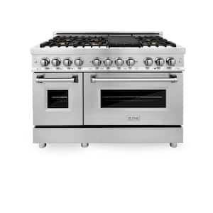 48 in. 7 Burner Double Oven Dual Fuel Range with Brass Burners in Stainless Steel