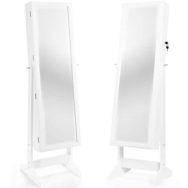 ANGELES HOME White Jewelry Cabinet Stand Mirror Armoire with Large Storage Box