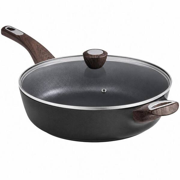 1-Piece 12 in. 5 qt. Black Aluminum Non-Stick Fry Pan with Lid and Helper Handle, Non-Toxic Large Deep Frying Pan