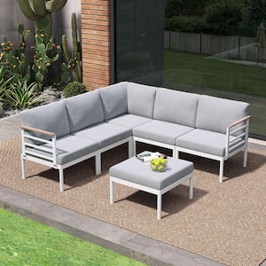 6-Piece Aluminum Outdoor Sectional Set with Armrests and Light Gray Cushions