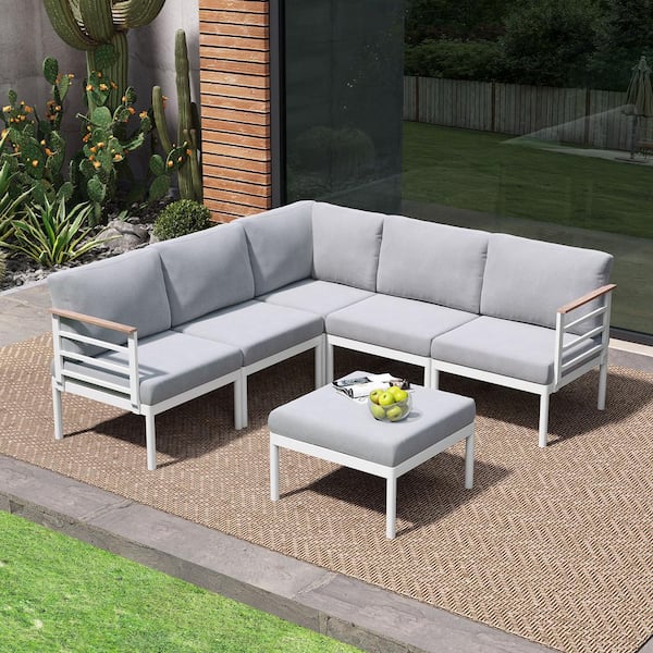 Crestlive Products 6-Piece Aluminum Outdoor Sectional Set with Armrests and Light Gray Cushions