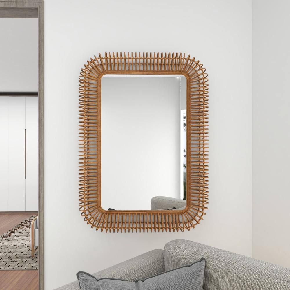 Brown Handmade Woven Rattan Rectangular Full Length Wall Mirror