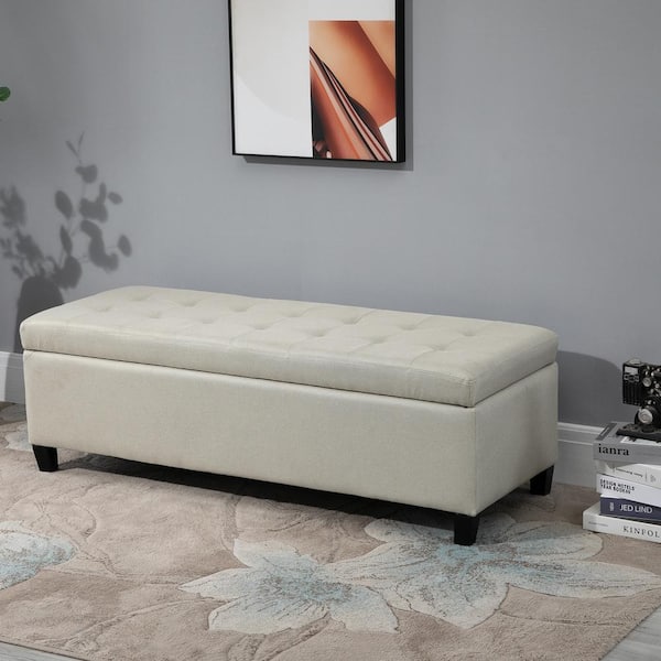 HOMCOM White Linen Rectangle Accent Medium Ottoman