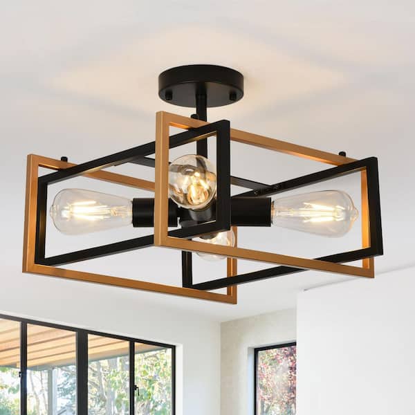 TinHon 15 in.Farmhouse 4-Light Flush Mount Ceiling Light in Black and Gold with Open Geometric Metal Frame for Bedroom,Kitchen