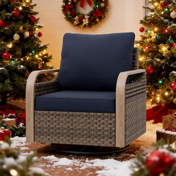 Outdoor Patio Swivel Brown Wicker Outdoor Rocking Chair with Blue Cushions