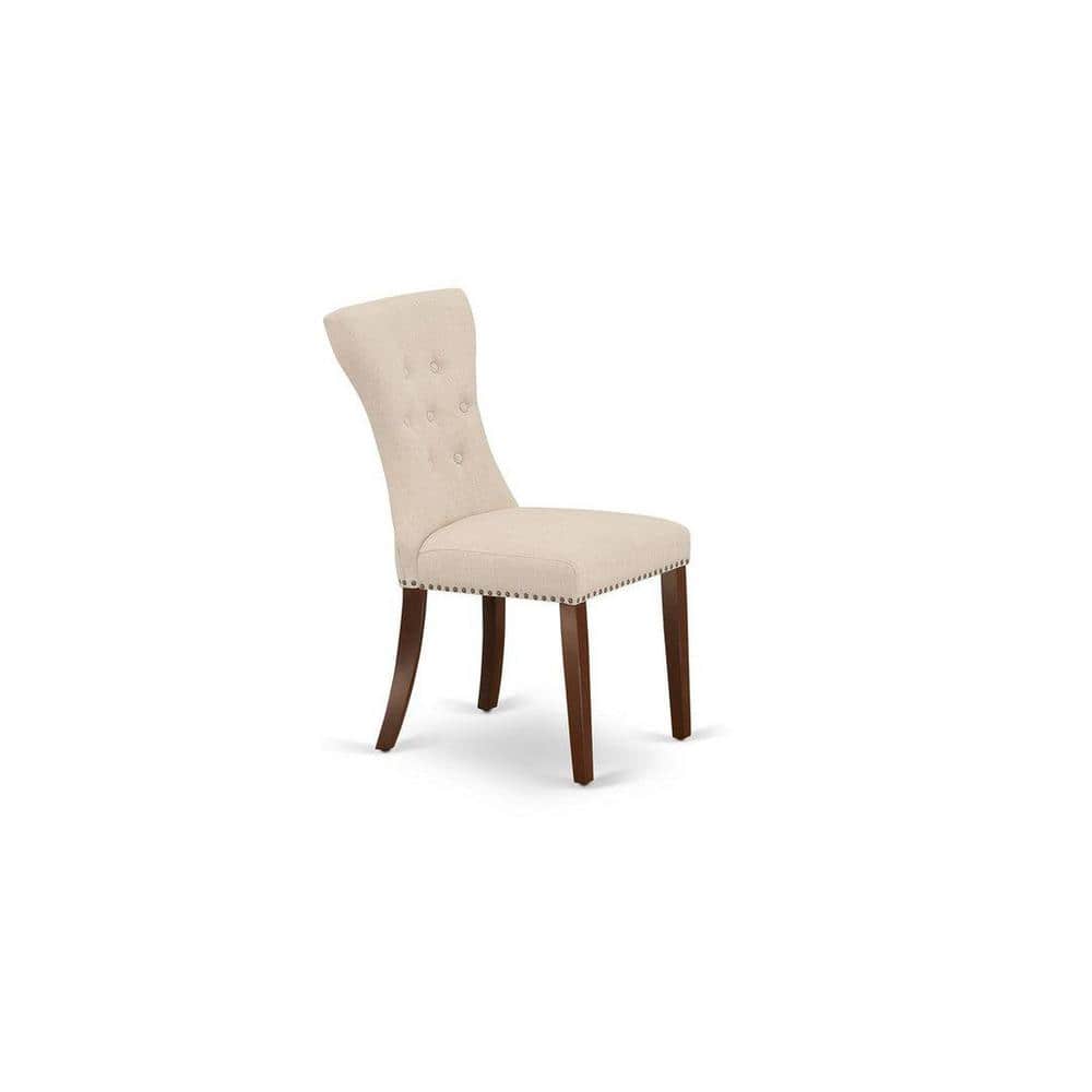 Mahogany Round Pedestal Dining Table Set with Beige Linen Chairs