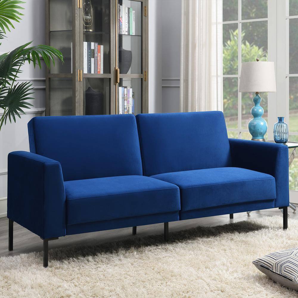 J&E Home Blue Velvet Upholstered Modern Convertible Folding Futon Sofa