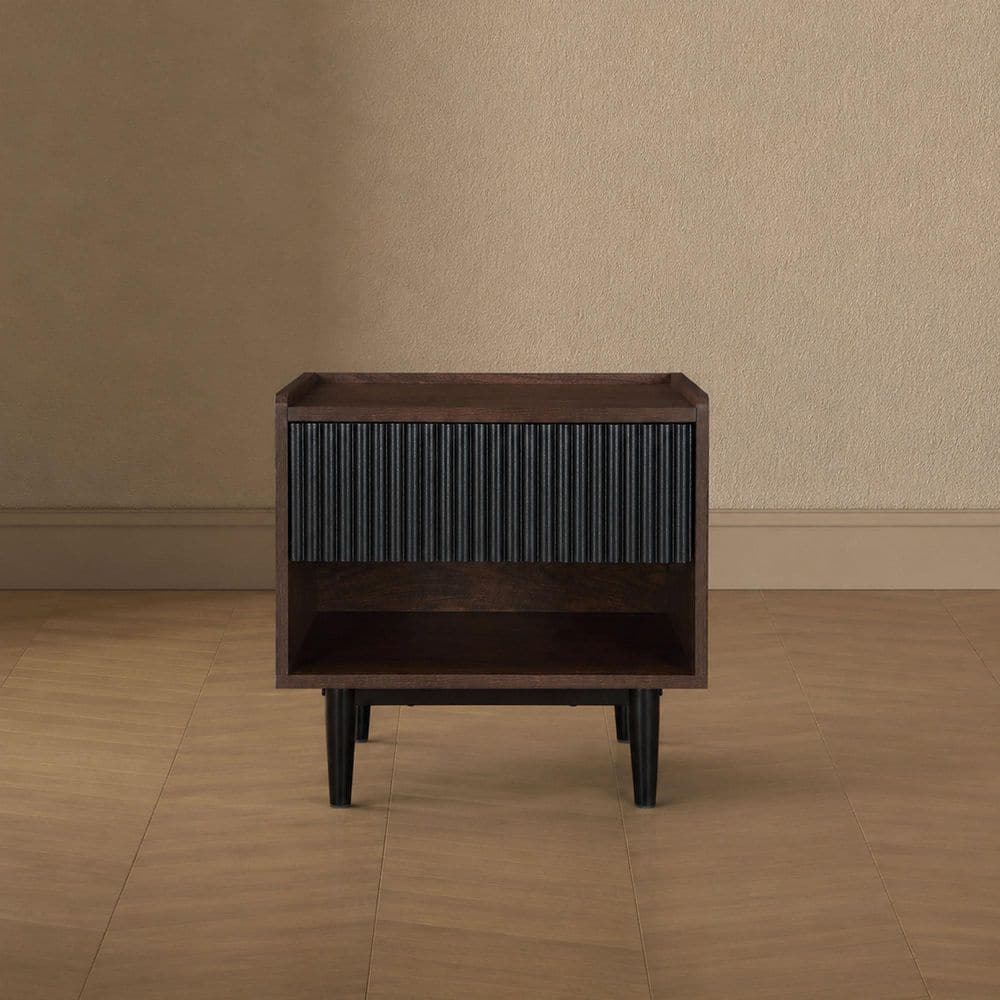 Duane Dark Brown and Black 1-Drawer 20.23 in. W Mid-Century Modern Ribbed Nightstand