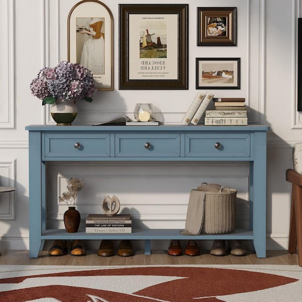 Blue 55.4 in. Rectangle Vintage Wood Entryway Console Table with 3 Drawers, Solid Poplar Legs, Metal Handles