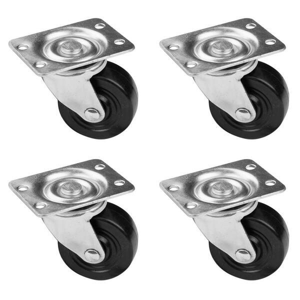 4 Pack 1" Low Profile Swivel Plate With Brake Black Rubber Caster Wheels 