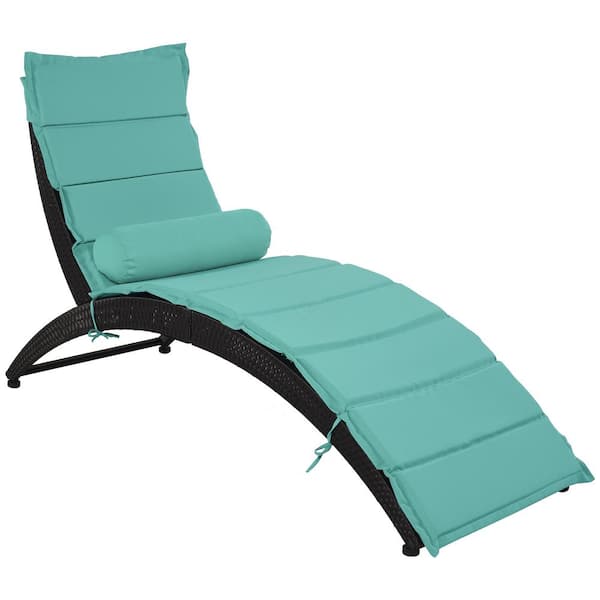 Cesicia Black Wicker Outdoor Foldable Chaise Lounge with Blue Cushion and Pillow
