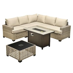 Kelleys 7-Piece Wicker Outdoor Patio Conversation Sofa Sectional Set with a Fire Pit and Beige Cushions