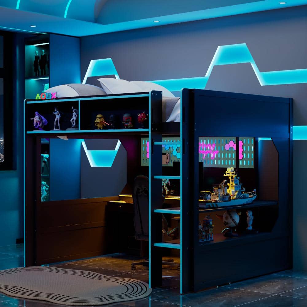Black+Blue Full Size Gaming Loft Bed with Built-in Charging Station, Integrated Desk and Lights price history on PriceWatchPro