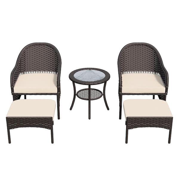 5-Piece Outdoor Wicker Patio Conversation Seating Set with Beige Cushions