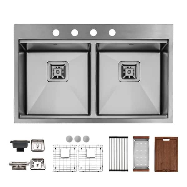 S STRICTLY KITCHEN + BATH 33 in. Drop-In/Undermount Double Bowl 16-Gauge Stainless Steel Workstation Kitchen Sink with Accessories