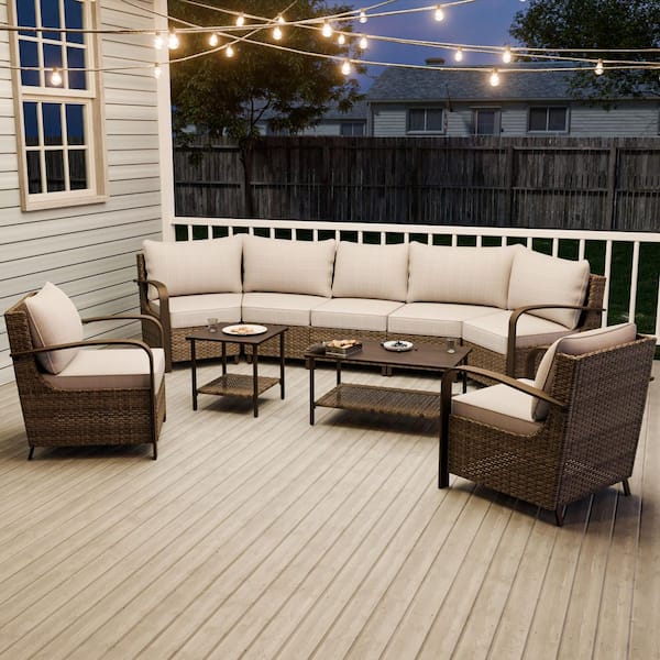 EAGLE PEAK 9-Piece Wicker Patio Conversation Sectional Seating Set with Beige Cushions