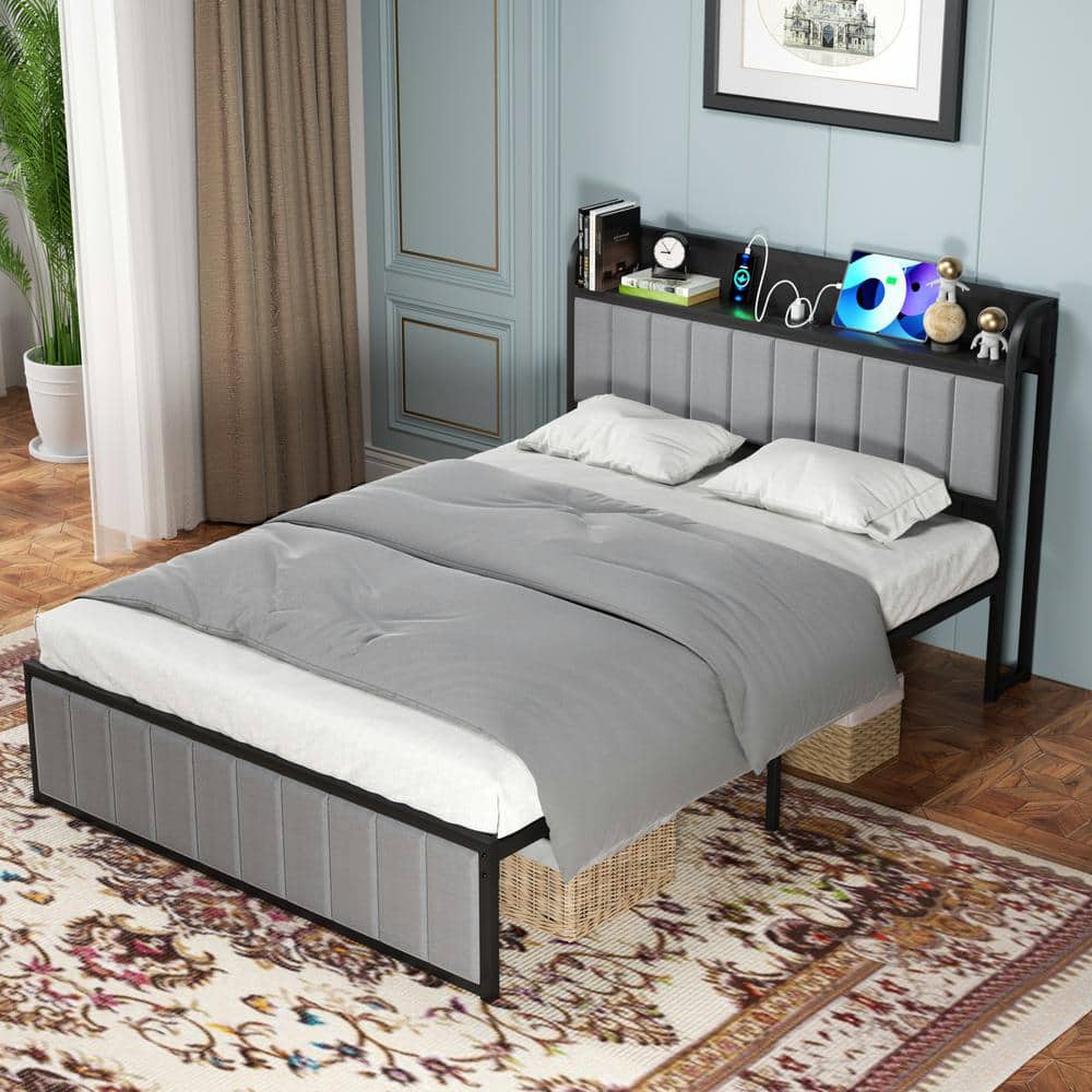 Queen Bed Frame, Black Metal Frame Platform Bed Upholstered Headboard with Storage Charging Station, Sturdy Metal Slats - thumbnail 5