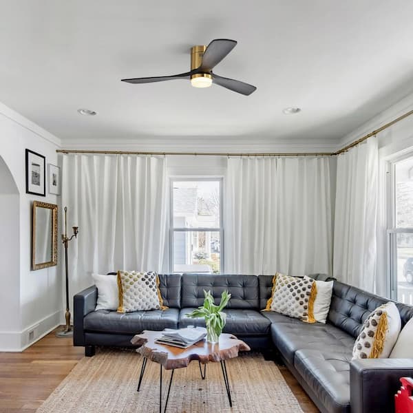 52 in. Standard LED Indoor/Outdoor Flush Mount Glod Ceiling Fan with Wood Blades, 6-Speed DC Remote and APP Control