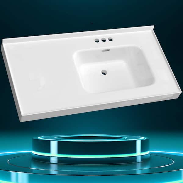 Zeafive Geb 43 in. W x 22 in. D Solid Surface White Rectangular Single Sink Vanity Top w/ Backsplash Right Basin 3-Faucet Holes