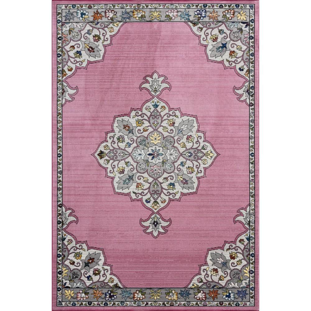 Gracie Traditional Pink/Gray 5 ft. x 7 ft. 6 in. Medallion Border Polypropy