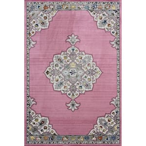 Gracie Traditional Pink/Gray 5 ft. x 7 ft. 6 in. Medallion Border Polypropylene Area Rug