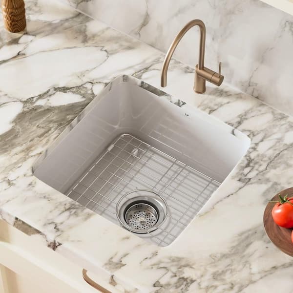 Los Flexi 18 in. Drop-In/Undermount Kitchen Sink Single Bowl Square White, Fireclay Kitchen Sink with Drain Strainer and Grid