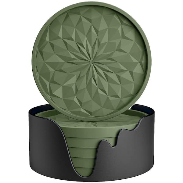Olive Green Silicone Coasters with Holder 6 Pack Thickened Deep Tray Non-Slip Heat Resistant for Hot Cold Drinks