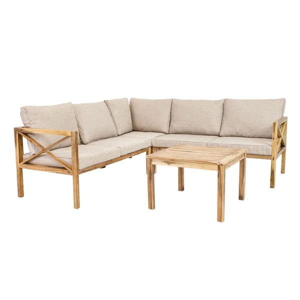 Edisto 4-Piece Acacia Wood Outdoor Sectional Conversation Set with Light Brown Cushions