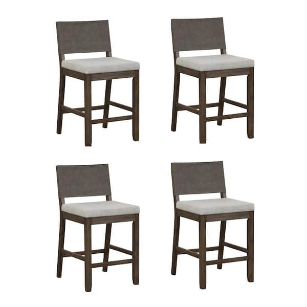 Linus 36 in. Modern Wood Counter Height Bar Stool with Faux Leather Back and Ivory Upholstered Fabric Seat, Set of 4
