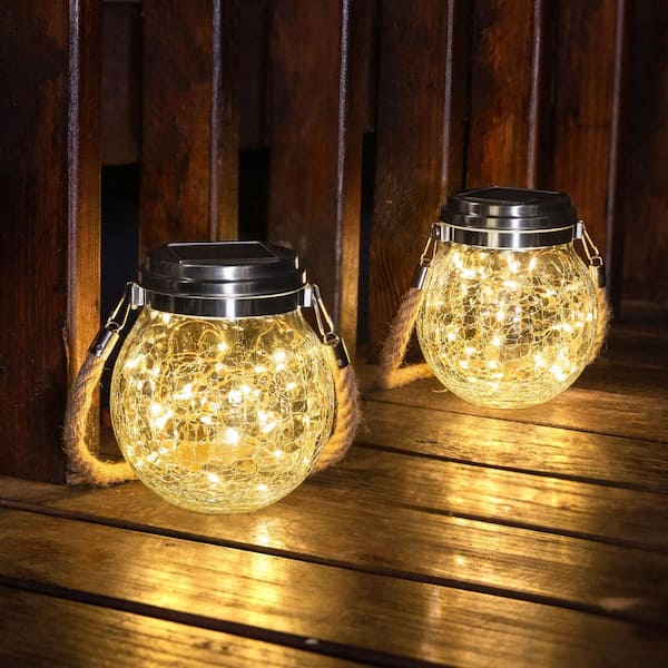 WYZM 3000K 10-Lumens Integrated LED White Solar Crackle Glass Ball Weather Resistant Decorative Path Light (2-Pack)